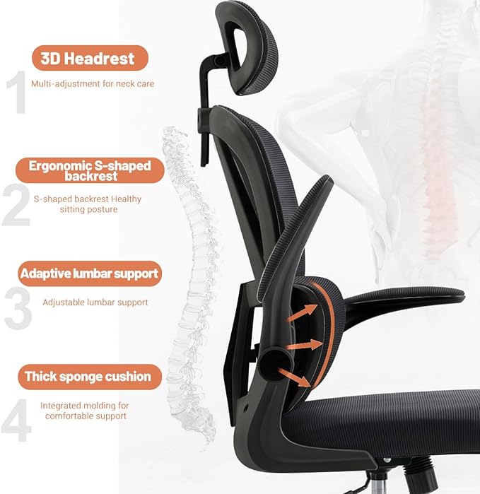 Ergonomic Office Chair Computer Desk Chairs with Flip-up Armrests and Lumbar Support, High Back Mesh Gaming Chairs Rolling Work Swivel Task Chairs with Adjustable Headrest