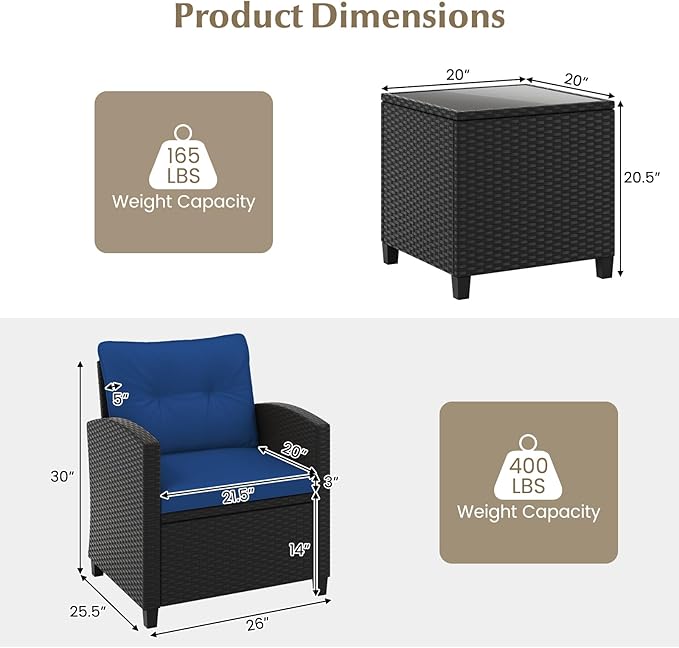 RELAX4LIFE 3-Piece Patio Furniture Set - Wicker Rattan Bistro Sofa w/Glass Top Coffee Table, Washable Cushions for Porch Balcony Backyard Poolside, Outdoor Conversation Set (Navy)