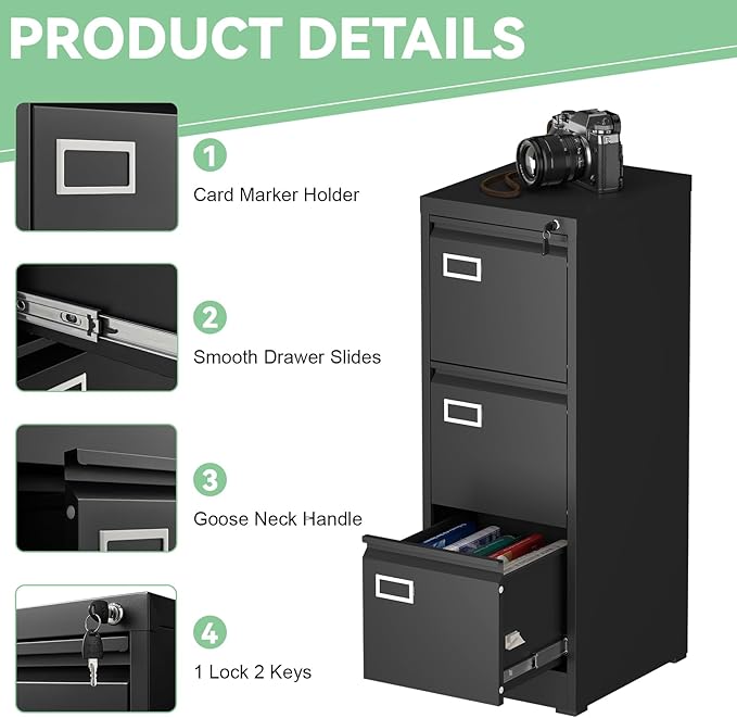 File Cabinet,3 Drawer Filing Cabinet with Lock,Metal Filing Cabinets for Home Office,School,Vertical File Cabinets for Letter/Legal/A4/F4 Size,Assembly Require,Black