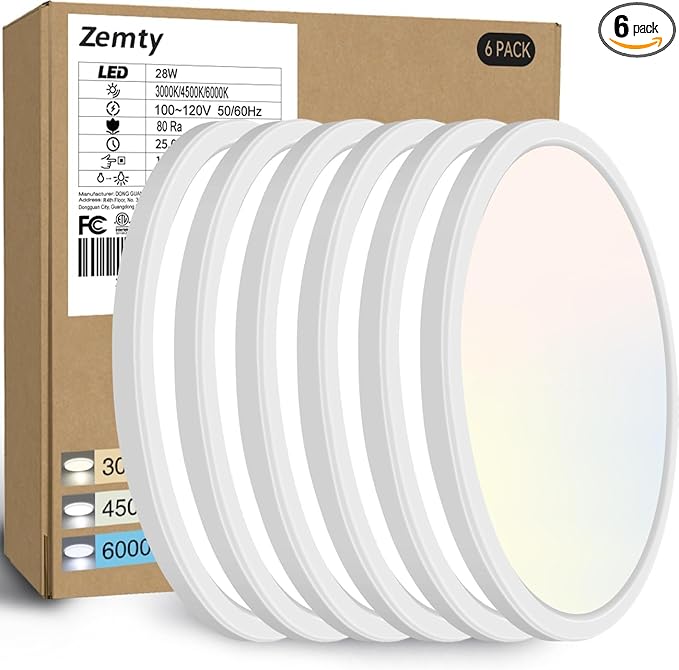 zemty 6Pack 12 Inch LED Flush Mount Ceiling Light, Super Slim 28W 3200lm LED Ceiling Light, 3 Color Temperature in One 3000k/4500k/6000K Round Light Fixture for Bedroom, Kitchen, Dining Room (White)