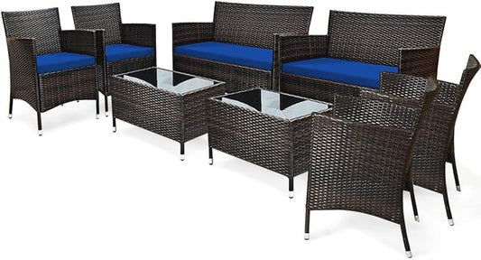 Tangkula 8 PCS Patio Rattan Conversation Set, Outdoor Wicker Furniture Set with Tempered Glass Coffee Table &Thick Cushion, Rattan Chair Wicker Set for Garden, Lawn, Poolside and Backyard (2, Navy)