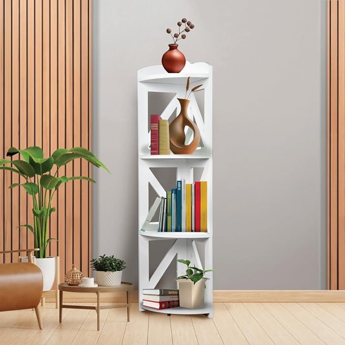 Corner Shelf Stand, Corner Bookshelf, Small Corner Shelves by Natural Wood, Plant Stand, Corner Bookcase for Living Room, Home Office, Bedroom, (White, 4 Tier)