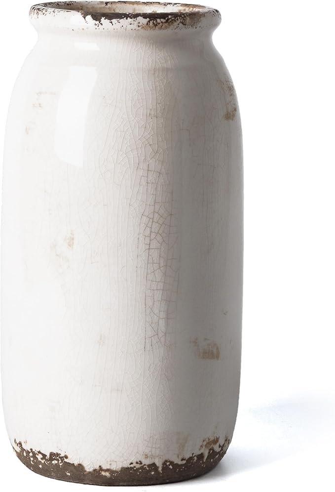 VICTOR & TERESA Rustic Large White Vase for Home Decor, 10'' Tall Ceramic Vases for Flowers, Farmhouse Decorative Vases for Pampas Grass, Table, Mantel, Living Room, Centerpieces