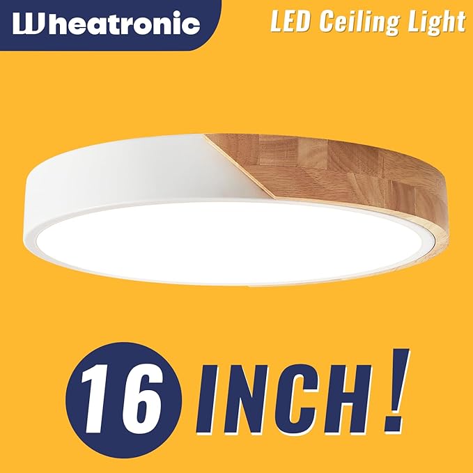 LED Flush Mount Ceiling Light Fixture Wood,16 inch Kitchen Light Fixtures Ceiling Mount 36W, Round Close to Ceiling Light Dimmable 5CCT for Bedroom,Kitchen,Living Room
