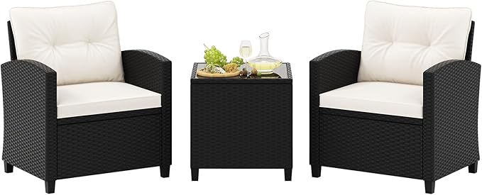 Tangkula 3 Piece Patio Furniture Set, Rattan Conversation Set w/Soft Seat & Back Cushions, Tempered Glass Topped Coffee Table, Cushioned Wicker Seating Set for Backyard, Porch, Poolside (Off White)