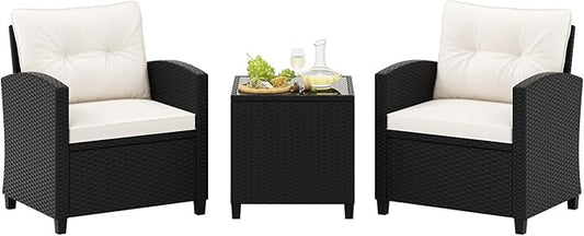 Tangkula 3 Piece Patio Furniture Set, Rattan Conversation Set w/Soft Seat & Back Cushions, Tempered Glass Topped Coffee Table, Cushioned Wicker Seating Set for Backyard, Porch, Poolside (Off White)
