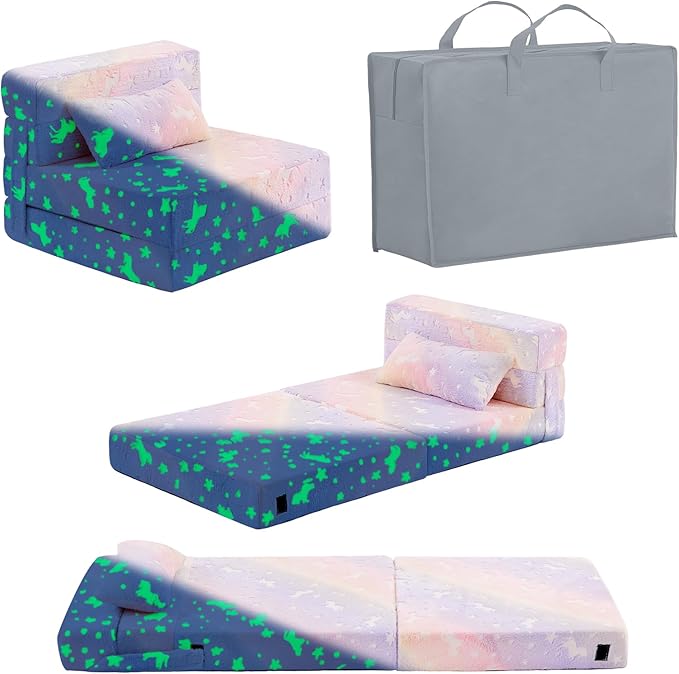 Folding Sofa Bed Floor Mattress for Kids with Pillow, Toddler Washable Folding Floor Nap Mat Futon, Child Fold Up Sofa Chair Bed with Storage Bag for Girls and Boys