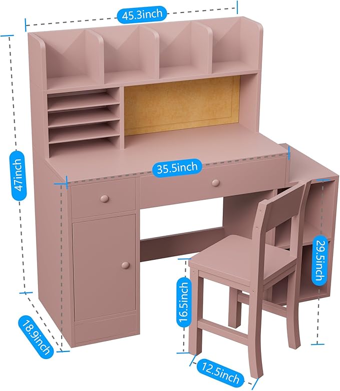 Pink Wooden Kids Desk and Chair Set,Kids Study Table and Chair Set with 4 Storage Open Shelves,Kids Study Desk with 2 Drawers & 4 Cabinet,Girls Study Desks for Kid with Hutch for Bedroom-Jcp9pn