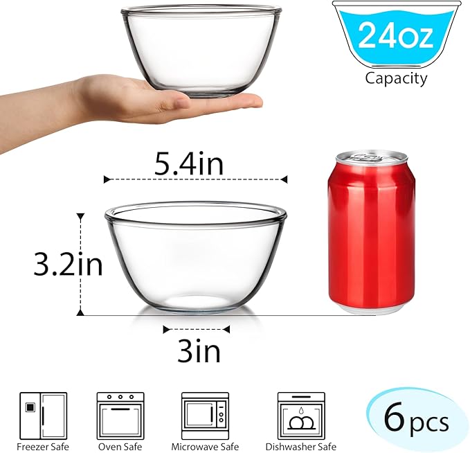 NUTRIUPS Glass Bowls Set Cereal Bowl Glass Salad Bowls Small Bowl for Kitchen (24oz-set of 6)