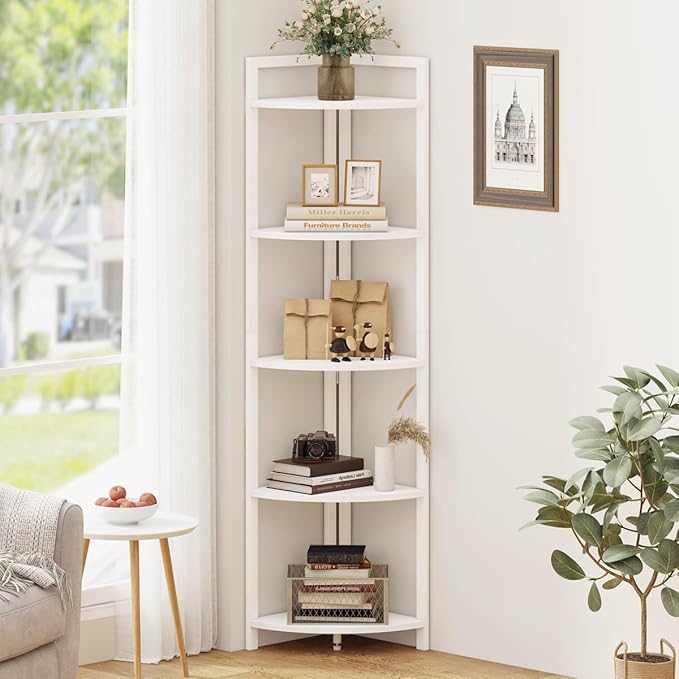 FATORRI Tall Corner Shelf, 5 Tier Modern Corner Bookshelf Stand, Wood and Metal Corner Plant Bookcase for Living Room, Home Office (White Oak)