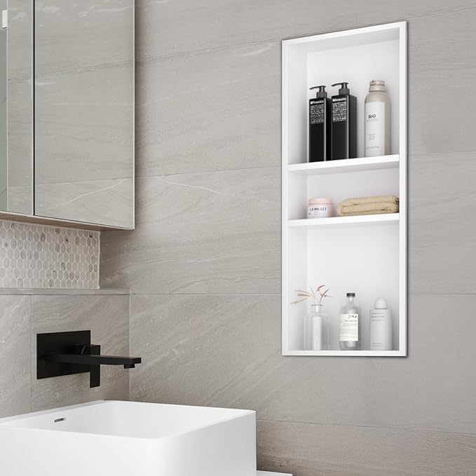 Stainless Steel Shower Niche 12" x 30", 3-Tier Shower Niches No Tile Needed, Recessed Niche for Shower Wall, Shower Niche Shelf for Bathroom Storage, White