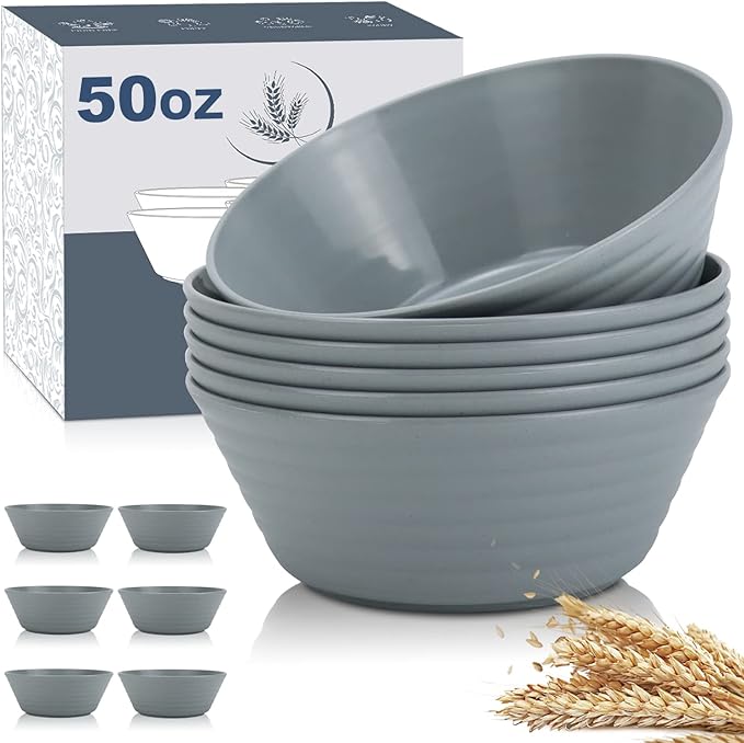 Wheat Straw Bowl Sets,6 PCS Unbreakable Cereal Bowl 50 OZ,Microwave and Dishwasher Safe Bowls,Super Big Bowl Sets BPA Free Bowl for Serving Cereal,Oatmeal and Salad (Pure Gray)