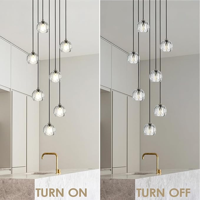 7 Lights Cluster Pendant Light, Brushed Black Modern Crystal Entryway Chandelier, High Ceiling Foyer Pendant Hanging Light Fixture for Staircase Dining Room