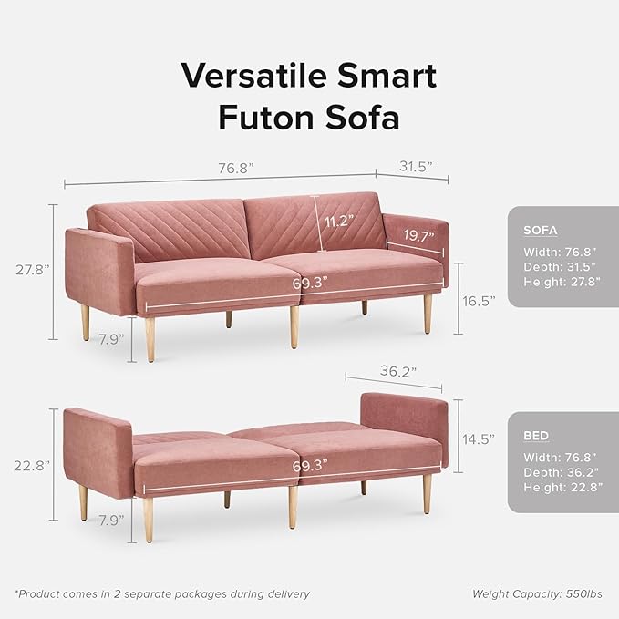 mopio 76.8" Futon Sofa Bed, Small Couch, Sleeper, Loveseat, Mid Century Modern Futon Couch, Sofa Cama, Couches for Living Room (Old Rosa Velvet)