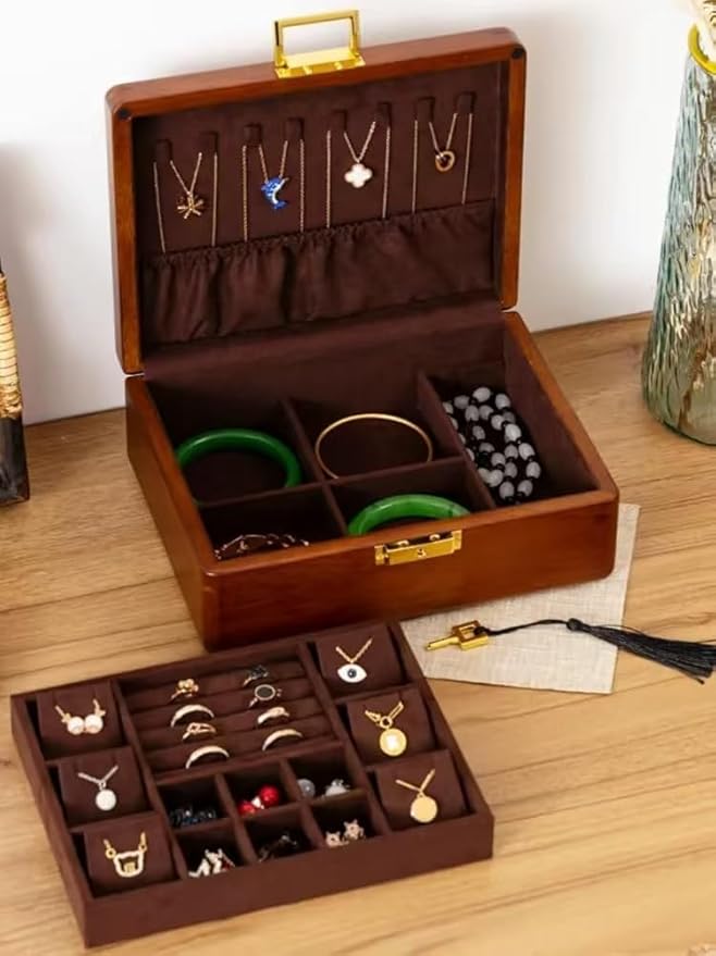 Bescott 2 Layer Solid Wooden Jewelry Box with Lock and Key for Women Men Vintage Velvet Wood Jewelry Organizer Storage for Earrings Rings Necklaces Bracelet Watch Mother’s Day Gift