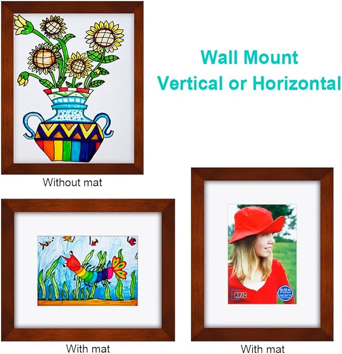 RPJC 8x10 inch Pictures Frame Made of Solid Wood and High Definition Glass Display Pictures 5x7 with Mat or 8x10 Without Mat for Wall Mounting Photo Frame Brown