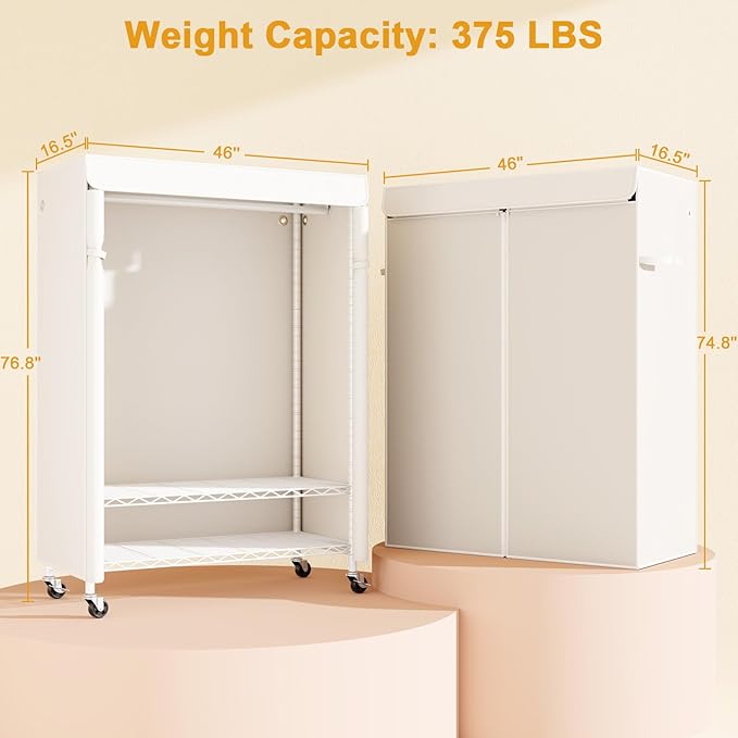 P6C Plus Rolling Clothes Rack with Cover, Covered Clothing Rack Heavy Duty, Portable Closet for Hanging Clothes, Garment Rack on Wheels, White Closet Rack with White Cover, Max Load 375LBS