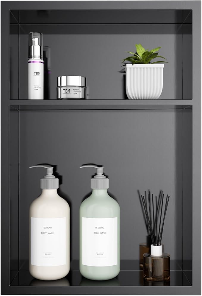 12" x 18" Stainless Steel Shower Niche – Recessed 2-Tier Shower Shelf, 12"x12" Upper & 12"x6" Lower Storage, Modern Bathroom Wall Niche (Black)