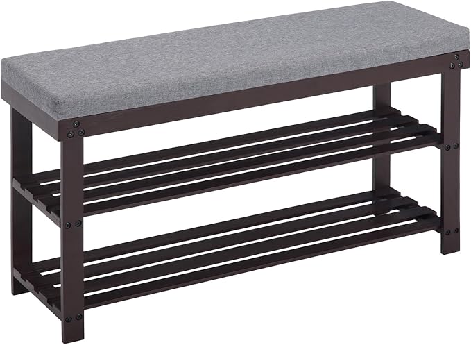 Apicizon 3-Tier Shoe Rack for Entryway, Bamboo Shoe Bench with Cushion Padded Seat, Small Shoe Organizer with Storage for Indoor Entrance Hallway Bedroom Living Room, 35.4 Inches, Brown