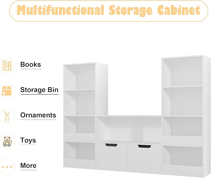 Toy Organizer and Nursery Bookshelf, 4-Tier Wooden Kids Bookcase with Storage Bins, Playroom Storage Rack for Toys and Books, Toy Storage Organizer for Playroom, Nursery, Classroom, White