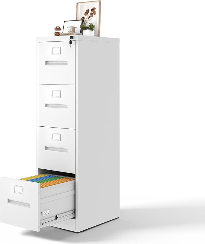 4 Drawer File Cabinet with Lock, Metal Filing Cabinets for Home Office, Vertical Narrow File Cabinet Lockable Steel Storage Cabinets for Letter/Legal/F4/A4 Size, Assembly Required(White)