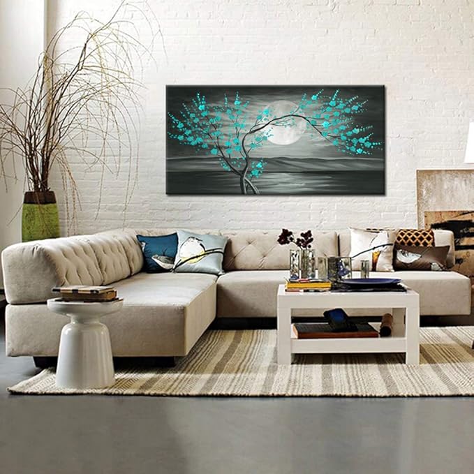 KREATIVE ARTS Large Canvas Prints Wall Art Grey and Teal Plum Blossom Tree and Full Moon Landscape Contemporary Painting for Home Living Room Decorations 20x40inch