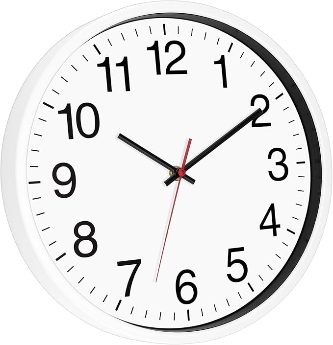 Foxtop White Wall Clock Silent Non-Ticking 12 Inch Quartz Battery Operated Round Analog Wall Clock for Classroom School Office Living Room Bedroom Home