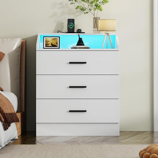 3 Drawers Dresser with Power Outlet, Chest of Drawers with LED Light, White Dresser Organizer with Open Storage Cubby, Modern Nightshatnd for Bedroom, Living Room, Entryway, Hallway