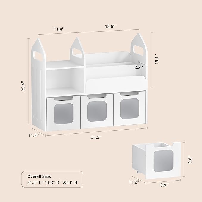 Toy Storage Organizer with 3 Movable Drawers and Storage Cubby, 25.5" H Kids Bookshelf and Toy Storage, Book Shelf for Kids Room, Nursery, Playroom, Bedroom, White