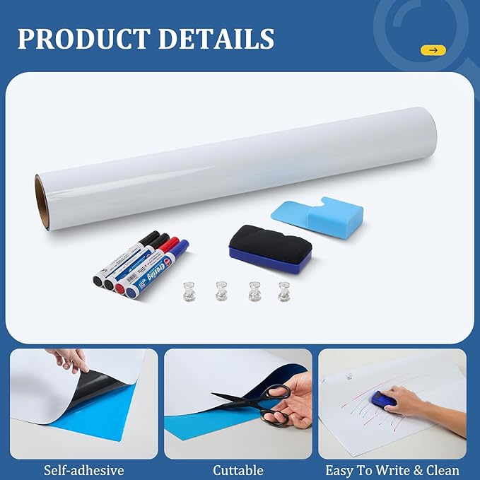 2 Pieces Magnetic Dry Erase whiteboard Paper with self Adhesive Backing Adhesive, 24“ x 18”, Easy to Write and Clean, for Kids Home playroom Office, Peel and Stick Wallpaper.