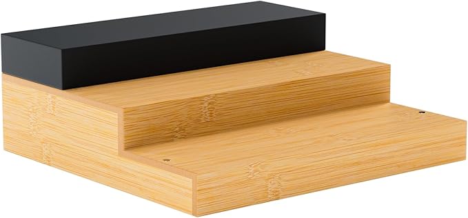 Spice Rack, Bamboo Spice Rack Kitchen Cabinet Organizer Expandable - Bamboo 3 Tier Figurine Display Shelf, Adjustable Magnetic 3 Tier Spice Racks, Brown & Black Combination