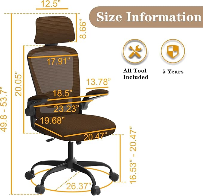 Ergonomic Mesh Home Office Chair | High Back Computer Desk Chair with Adjustable Lumbar Support & Headrest | Swivel Task Chair with Flip-Up Armrests for Home & Office, Brown