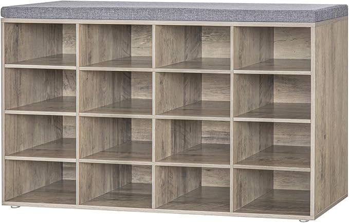 DINZI LVJ Shoe Storage Bench with Cushion, 16-Cubby Shoe Rack, Adjustable Shelves, Multifunctional Shoe Organizer Bench for Entryway, Mudroom, Hallway, Living Room, Bedroom and Garage, Greige