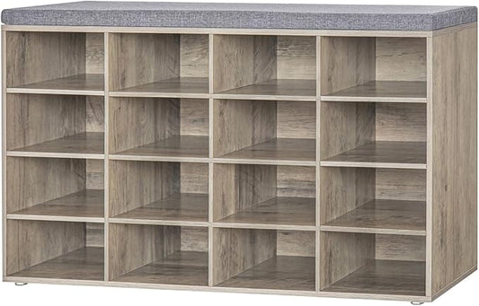 DINZI LVJ Shoe Storage Bench with Cushion, 16-Cubby Shoe Rack, Adjustable Shelves, Multifunctional Shoe Organizer Bench for Entryway, Mudroom, Hallway, Living Room, Bedroom and Garage, Greige
