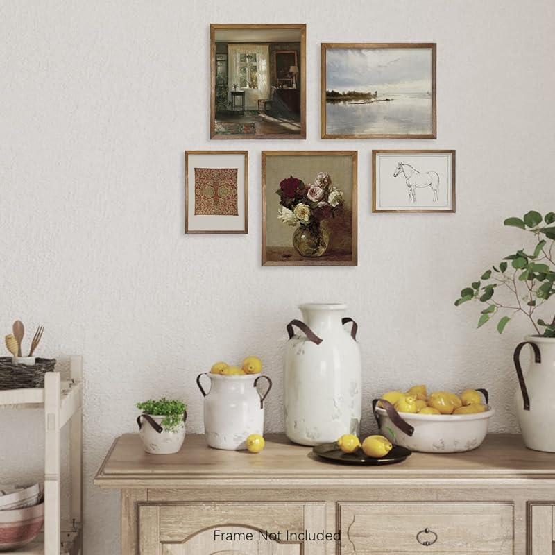 Neutral Wall Art for Boho French Country - Aesthetic Flower Landscape Lake Poster - Vintage Modern Farmhouse Wall Decor - Bathroom Picture Bedroom Print - Green Cottagecore Room Decor - Gallery Set 5