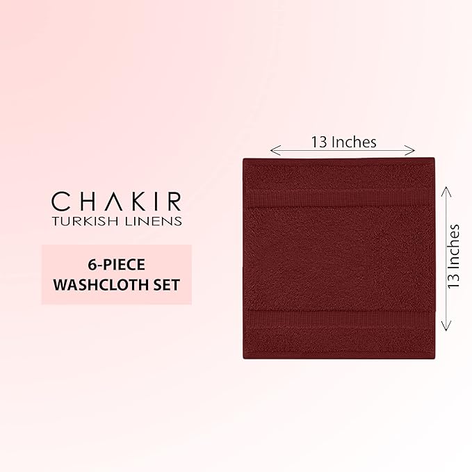 Chakir Turkish Linens 100% Cotton Premium Turkish Towels for Bathroom | 13'' x 13'' (6-Piece Washcloth, Cranberry)