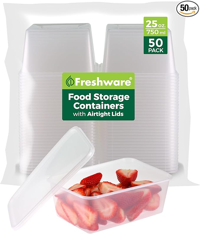 Freshware Food Storage Containers [50 Set] 25 oz Plastic Deli Containers with Lids, Slime, Soup, Meal Prep Containers, BPA Free, Stackable, Leakproof, Microwave, Dishwasher and Freezer Safe
