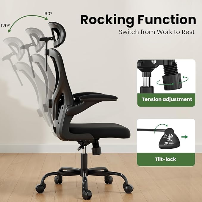 Soohow Ergonomic Office Chair,Home Office Desk Chair with Adjustable Lumbar Support Armrests,Comfy Computer Desk Chair with Headrest,for Home and Office, Black & Black