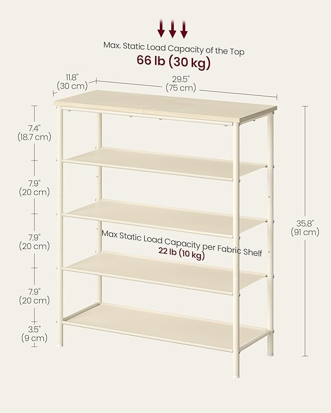 VASAGLE Shoe Rack, 5-Tier Shoe Storage Organizer for Entryway and Closet, Holds 12-16 Pairs of Shoes, 4 Fabric Shelves, Steel Frame, Modern, Natural Beige and Pearl White ULBS036K01