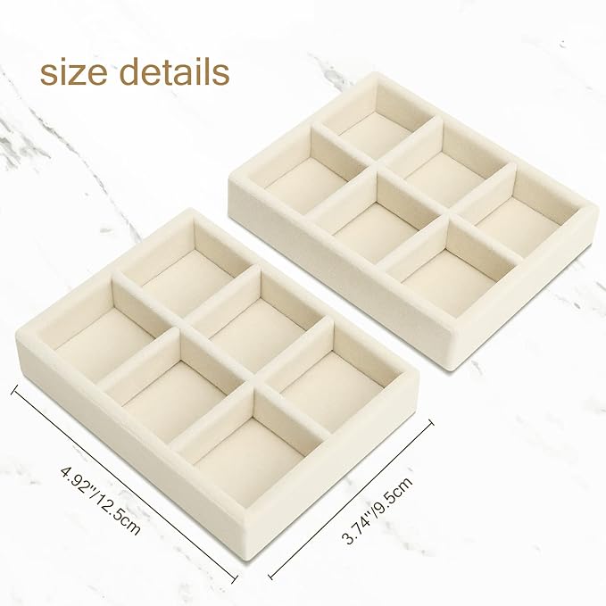 DesignSter Small Jewelry Tray-Ring Organizer 2PCS Premium Velvet Rings Earrings Display Tray Storage Insert Holder for Jewelry Box, Drawer, Dresser (6 Grids, Beige)