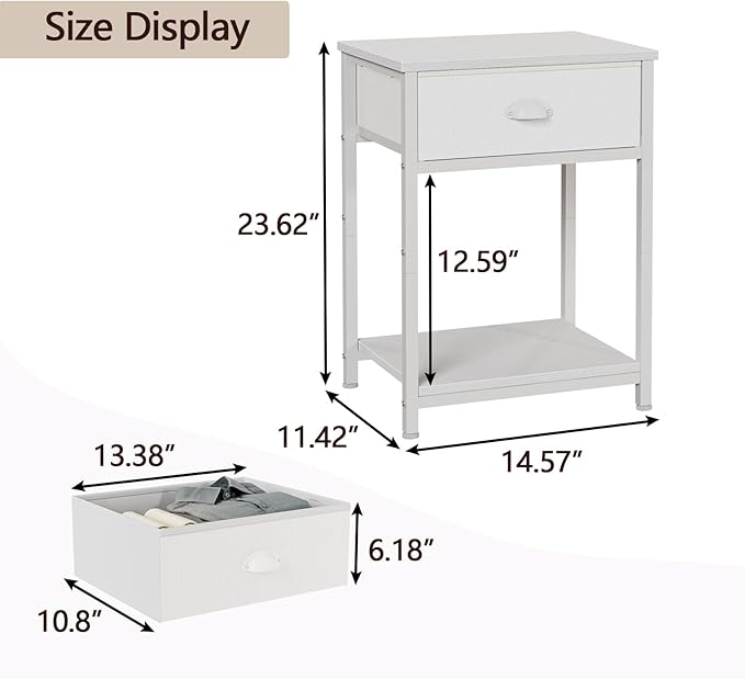 Furologee White Nightstands Set of 2, End Table with Fabric Drawer, Small Side Table for Small Spaces, 2 Tiers Storage Shelves End Table, Bedside Table for Living Room, Bedroom, Dorm