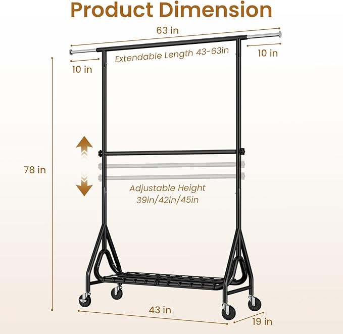 Heavy Duty Clothes Rack for Hanging Clothes, Double Rods Clothing Rack with Lockable Wheels, Rolling Metal Garment Racks Heavy Duty, Portable Wardrobe Closet Racks, Black
