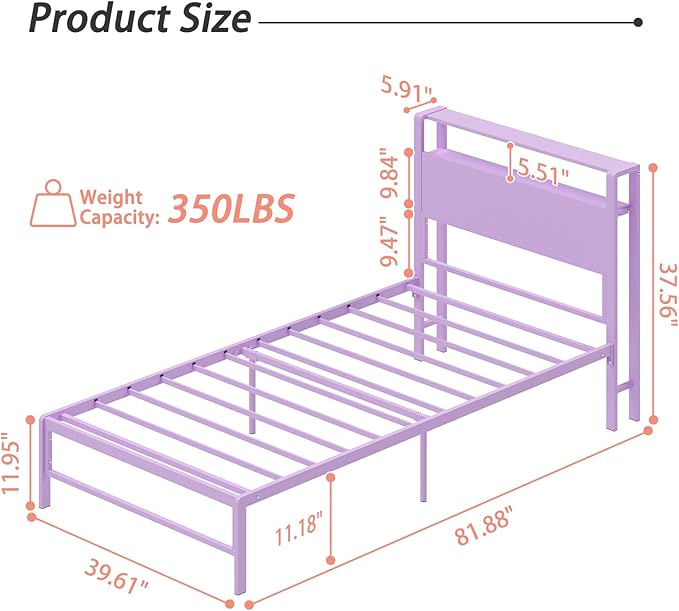 Weehom Twin Bed Frames for Kids with 2 Tiers Wood Storage Shelves Headboard, Twin Size Bed No Box Spring Needed Under Bed Storage Space Metal Platform for Girls and Adults, Purple