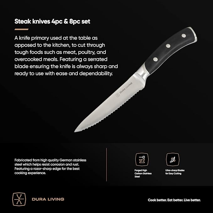 8-Piece Serrated Kitchen Steak Knife Set – Forged High Carbon Stainless Steel, Ultra Sharp, Ergonomic Black Handles, Durable Dinner Knives, Black Handle
