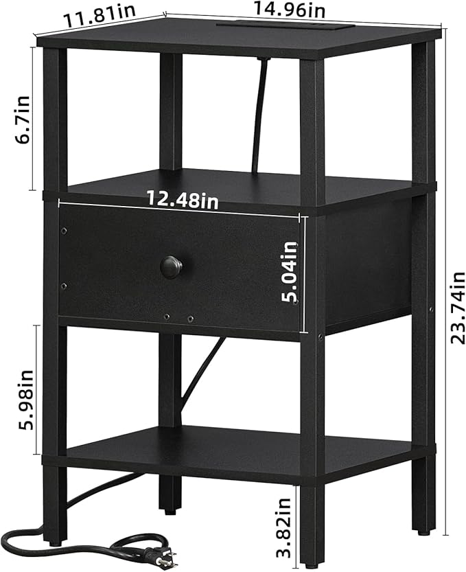 Lerliuo Nightstand Set of 2 with Charging Station and USB Ports, 3-Tier Storage End Table with Drawer Shelf, Night Stand for Small Spaces, Wood Bedside Table for Living Room, Bedroom - Classic Black