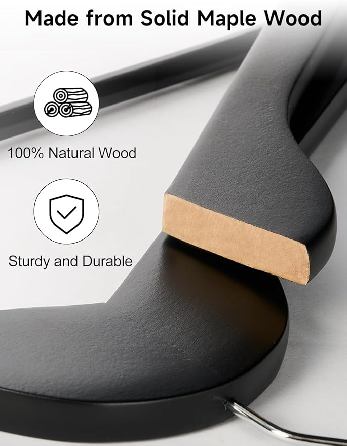 StorageWorks Black Wooden Hangers, 30 Pack Wood Hanger for Closet, Coat Hangers for Coats, Shirts, Pants, Suits