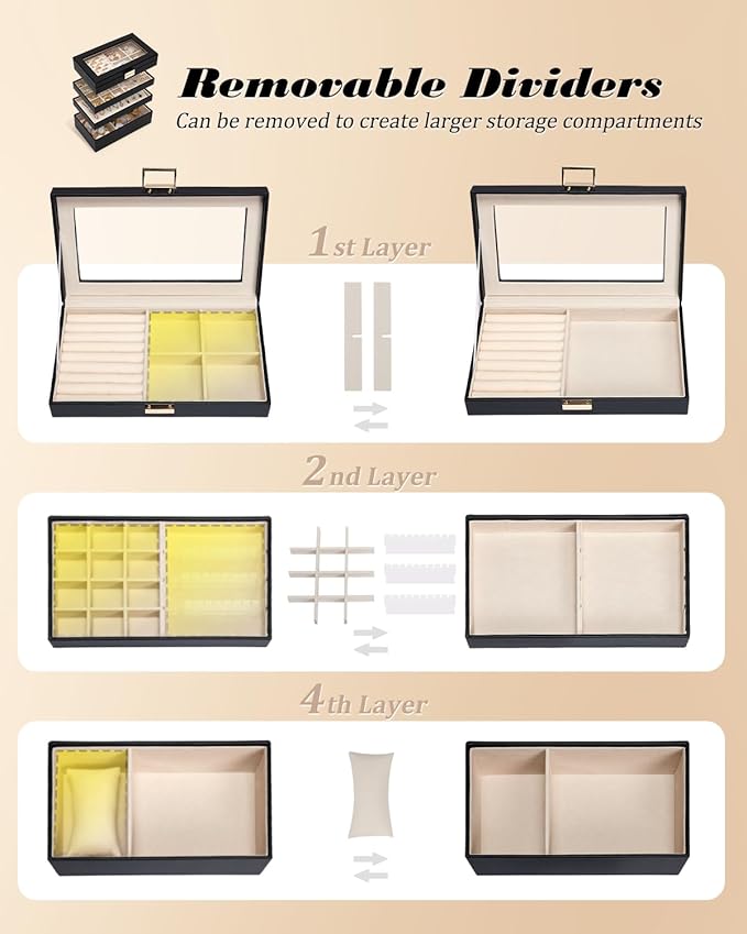 Homde Jewelry Tray Stackable Jewelry Box Drawer Organizer with Glass Lid, Removable Dividers for Vanity Table Gift Idea for Girls and Women (Black)