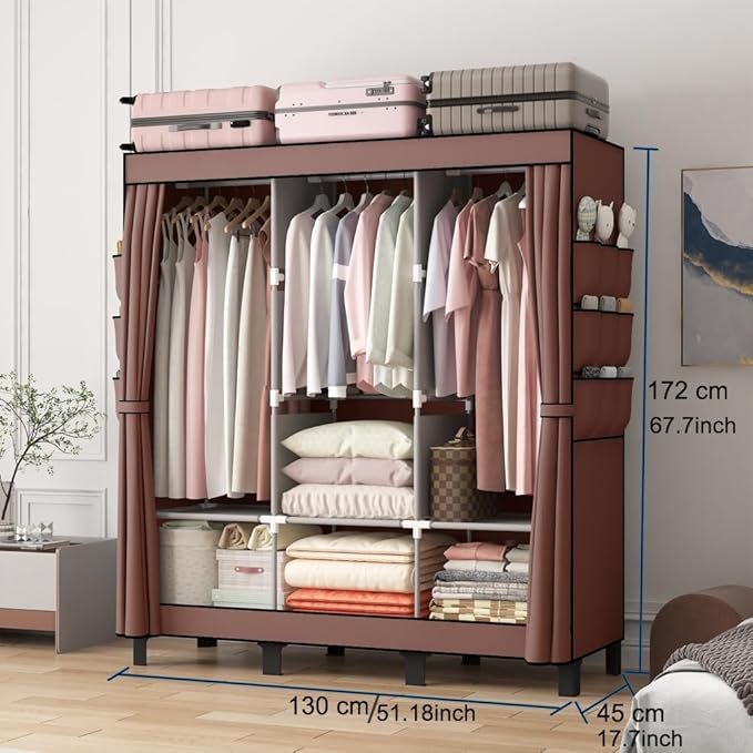 Portable Closet, Clothes Storage Box, Simple Wardrobe for Hanging Clothes, Multiple Shelves and 3 booms,6 Side Pockets (Grey) (Coffee, Large)