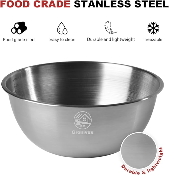 3-Piece Stainless Steel Mixing Bowls Set (6.69" 7.48" 8.27" inch) - Food Grade 304 with Measurement Marks, Dishwasher Safe & Stackable - Perfect for Baking, Salad Making, Meal Prep and Kitchen Use