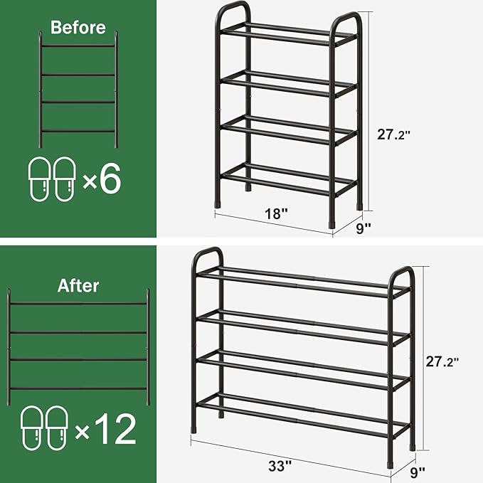 Long Shoe Rack, 4-Tier Expandable Metal Shoe Shelf, Shoe Rack for Closet, Entryway & Hallway